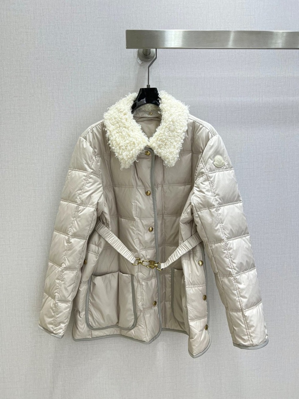 Moncler Off White Down Coat Fuzzy Collar Gold Snap Buttons